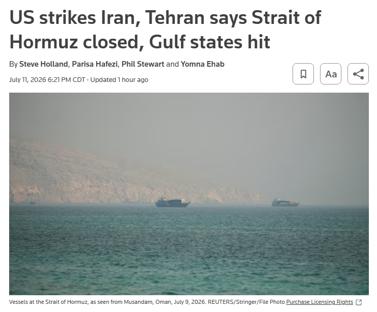Iran says Strait of Hormuz is closed