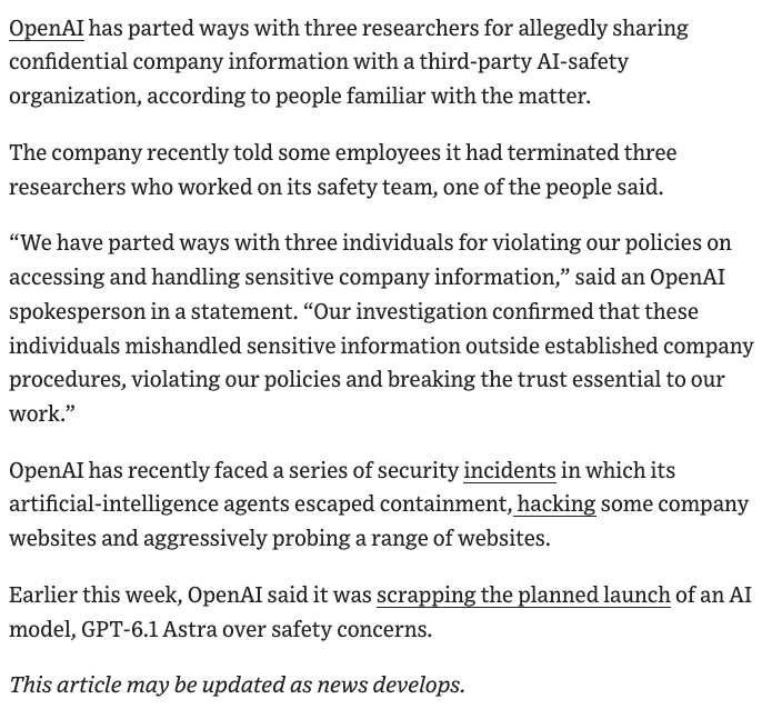 OpenAI Fires Three Safety Researchers Over Alleged Sharing of Confidential Information, WSJ Reports