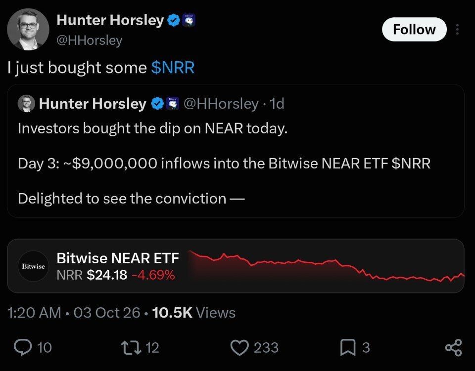 TODAY: Bitwise CEO Discloses Personally Buying Into the $NEAR ETF