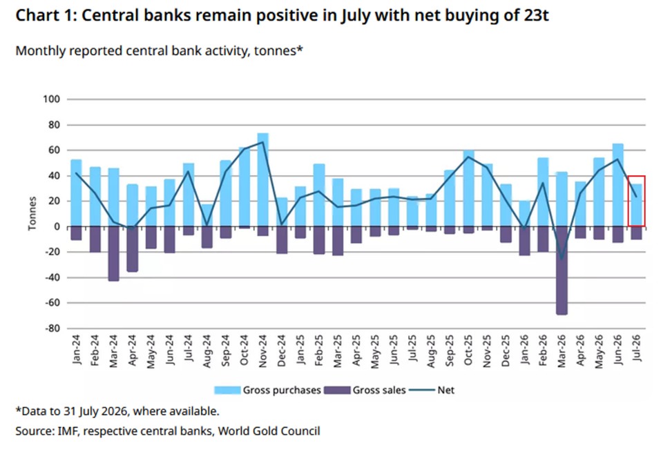 Global Central Banks Add 23 Tonnes of Gold in July, Marking Fourth Consecutive Monthly Purchase