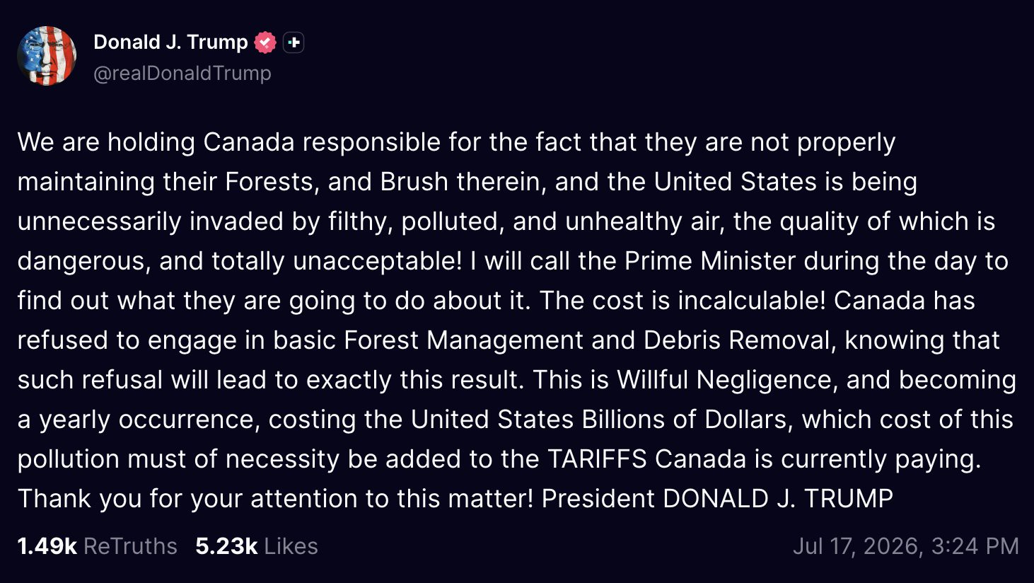 Trump threatens new tariffs on Canada