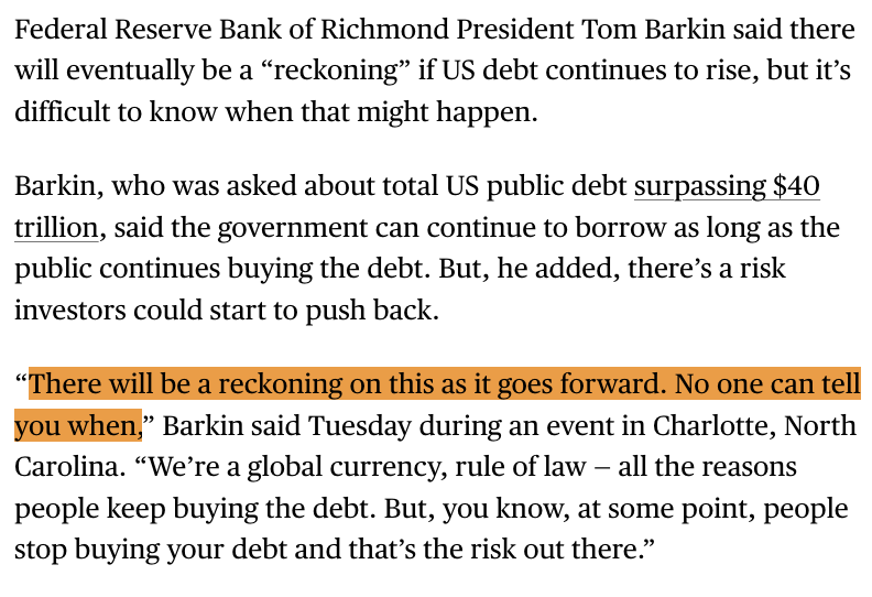Richmond Fed's Barkin warns of a reckoning on U.S. debt