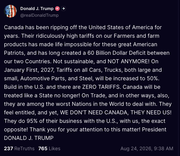 Trump Hikes Tariffs on Canadian Cars, Steel to 50% Starting Jan. 1