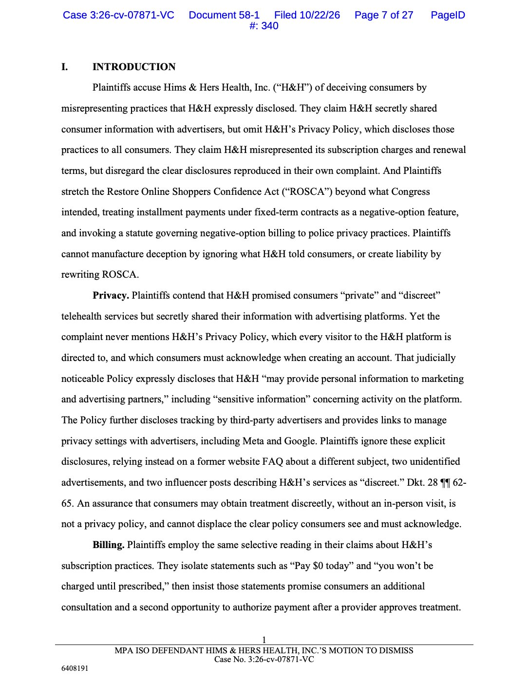 $HIMS Moves to Dismiss All 9 Claims in FTC Lawsuit