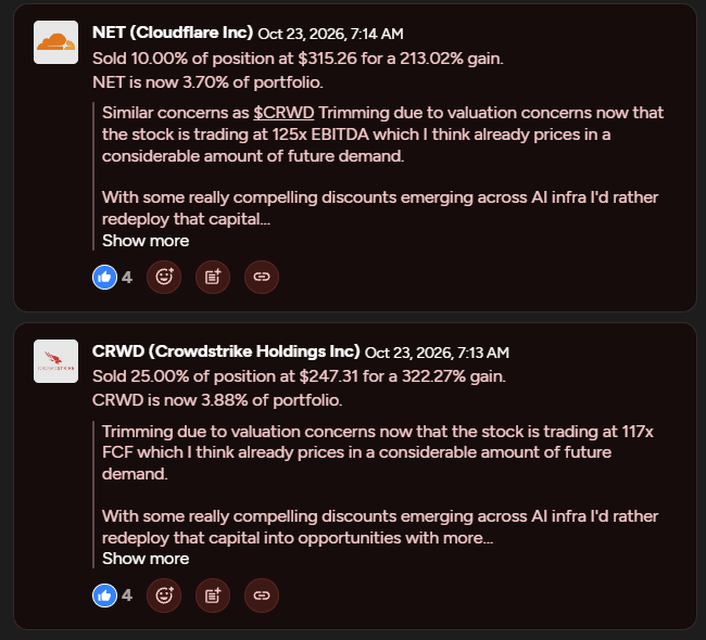 Investor Is Trimming $CRWD and $NET in Their Family Portfolio to Free Up Capital for AI Power and AI Inference Positions