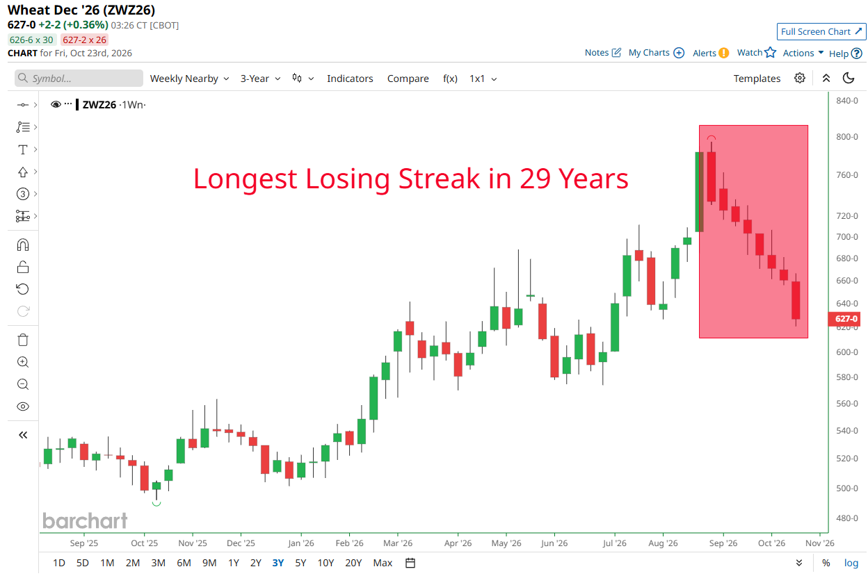 Wheat Heads for 8th Straight Weekly Loss, Longest Streak Since 1997