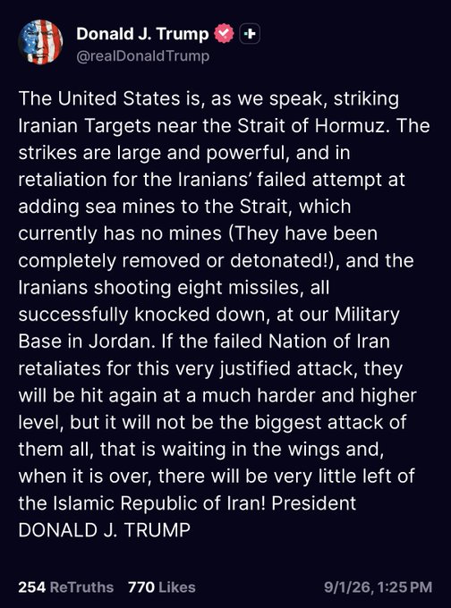BREAKING: Trump Says U.S. Striking Iranian Targets Near Strait of Hormuz, Warns Against Retaliation