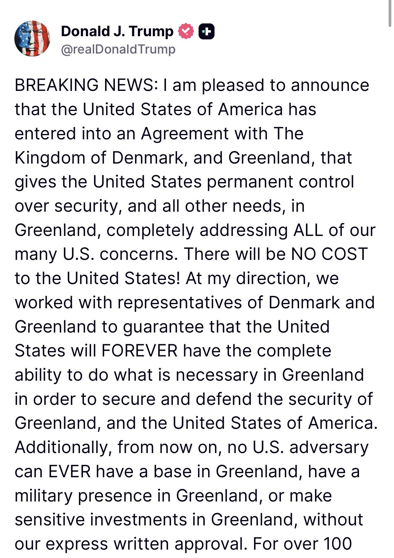 Trump announces Greenland security agreement and expanded U.S. military access
