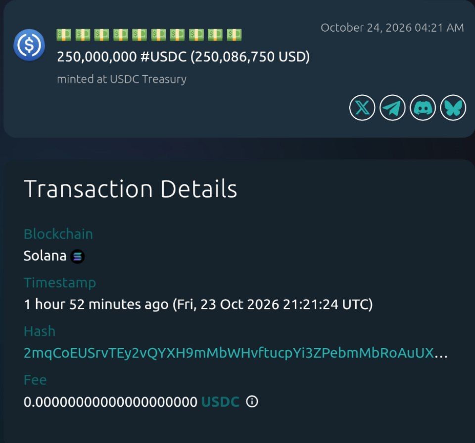 Circle Reportedly Mints Another $250M USDC on Solana
