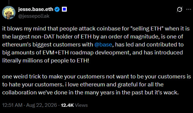 Jesse Pollak Pushes Back on Claims Coinbase Is “Selling ETH”