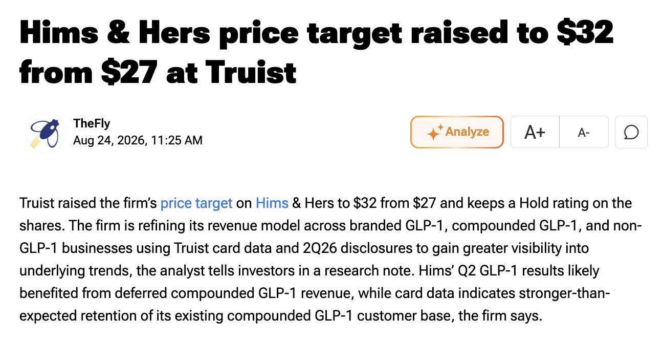 BREAKING: Truist Raises $HIMS Price Target to $32 From $27, Maintains Hold