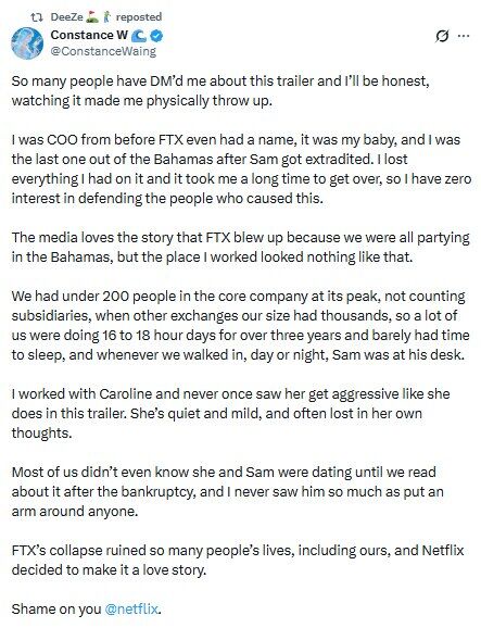Former FTX COO Constance Wang Slams Netflix’s “The Altruists” Trailer