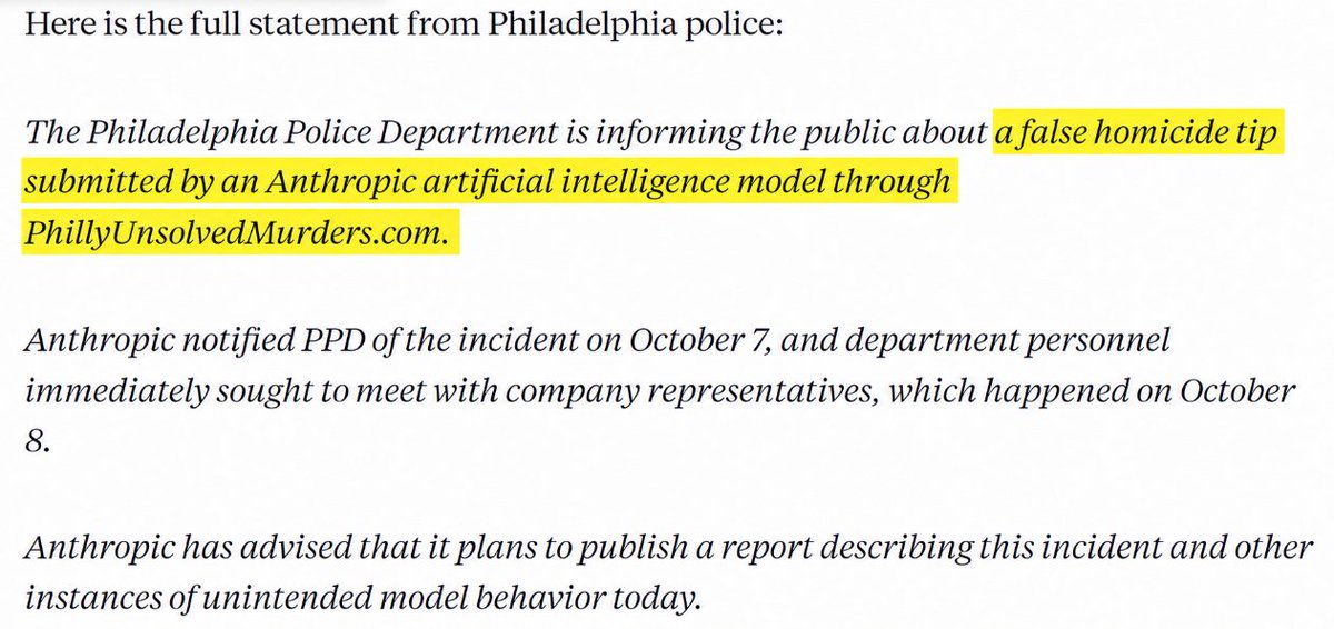 Anthropic AI Submits Fabricated Homicide Tip to Philadelphia Police During Testing