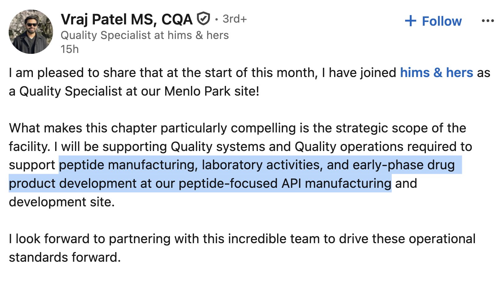 $HIMS Team Is Coming Together at Its Peptide Manufacturing Facility in Menlo Park, CA