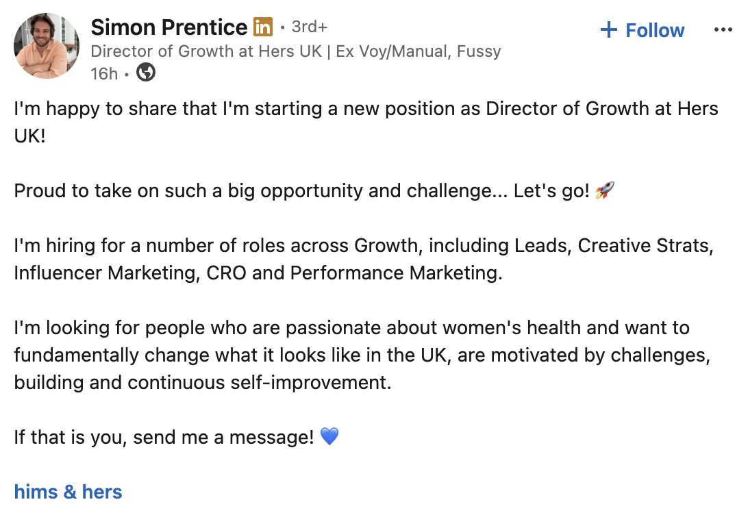 $HIMS Hires Simon Prentice as Director of Growth for Hers UK