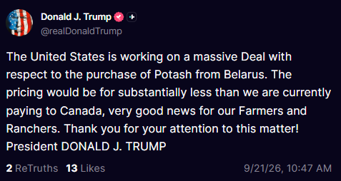 President Trump Says U.S. Working on "Massive Deal" to Buy Potash From Belarus