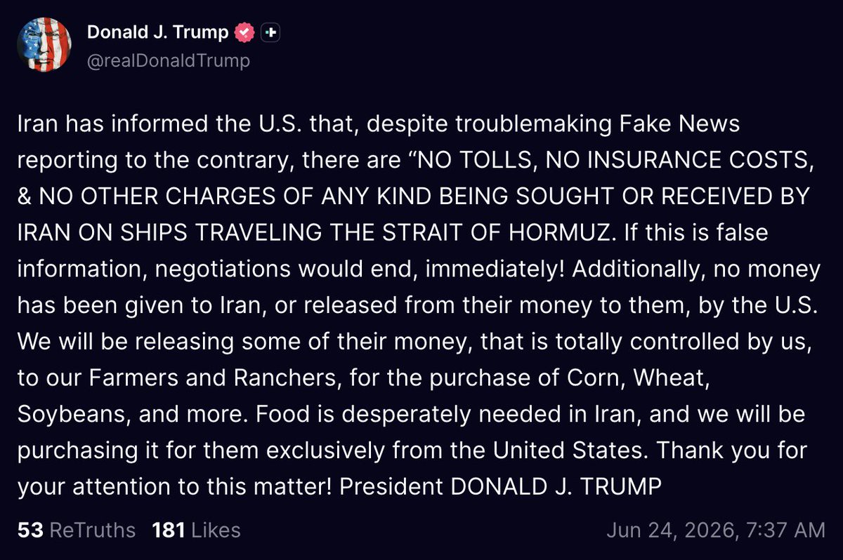 Trump says Iran is not charging Hormuz shipping fees