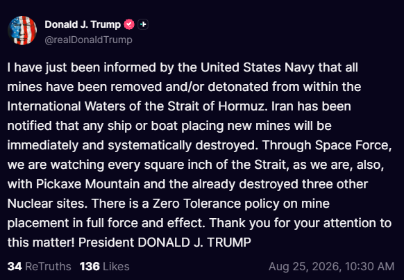 BREAKING: Trump Says Navy Cleared All Mines in Strait of Hormuz