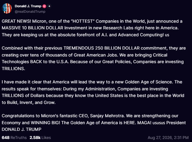Trump Calls $MU "One of the Hottest Companies in the World" After $10 Billion U.S. Investment