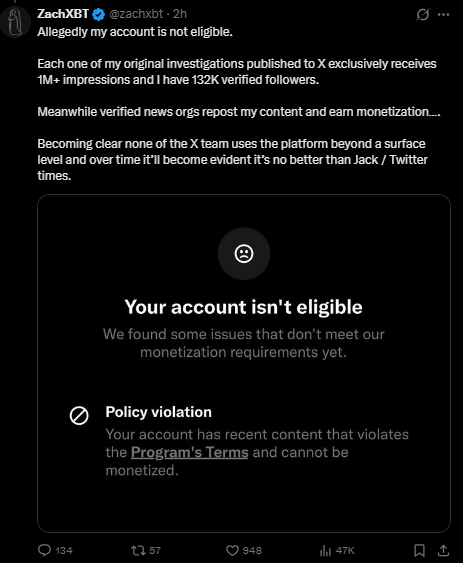 ZachXBT says his X account remains ineligible for monetization
