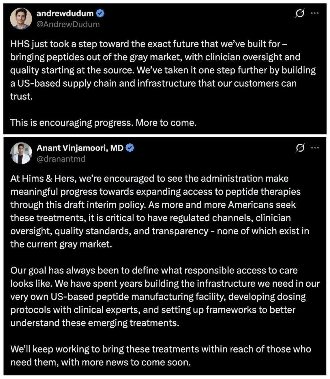 Hims & Hers ($HIMS) CEO Andrew Dudum and CMO Anant Vinjamoori Hail HHS Peptide Framework, Highlighting U.S.-Based Manufacturing Infrastructure