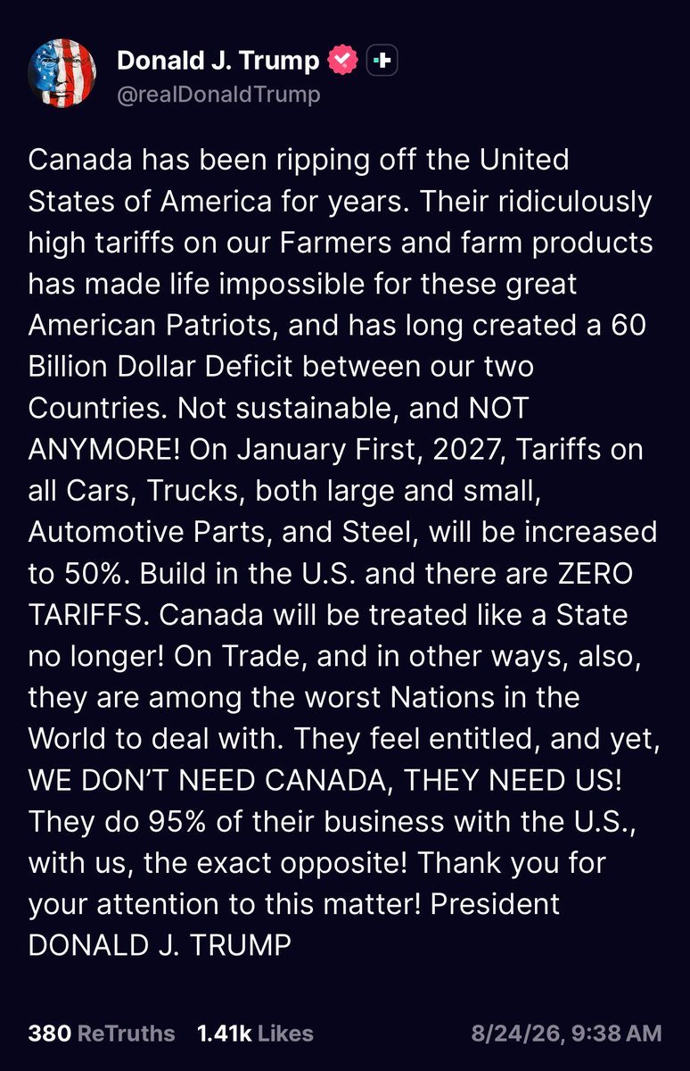 BREAKING: Trump Says Tariffs on Canadian Autos, Steel to Rise to 50% on Jan. 1
