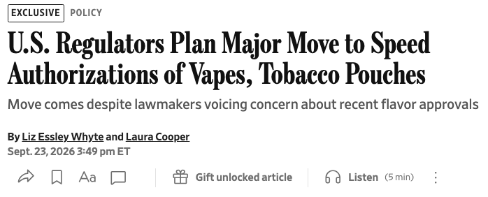 FDA Expected to Revisit Tobacco Product Approval Rules, WSJ Reports